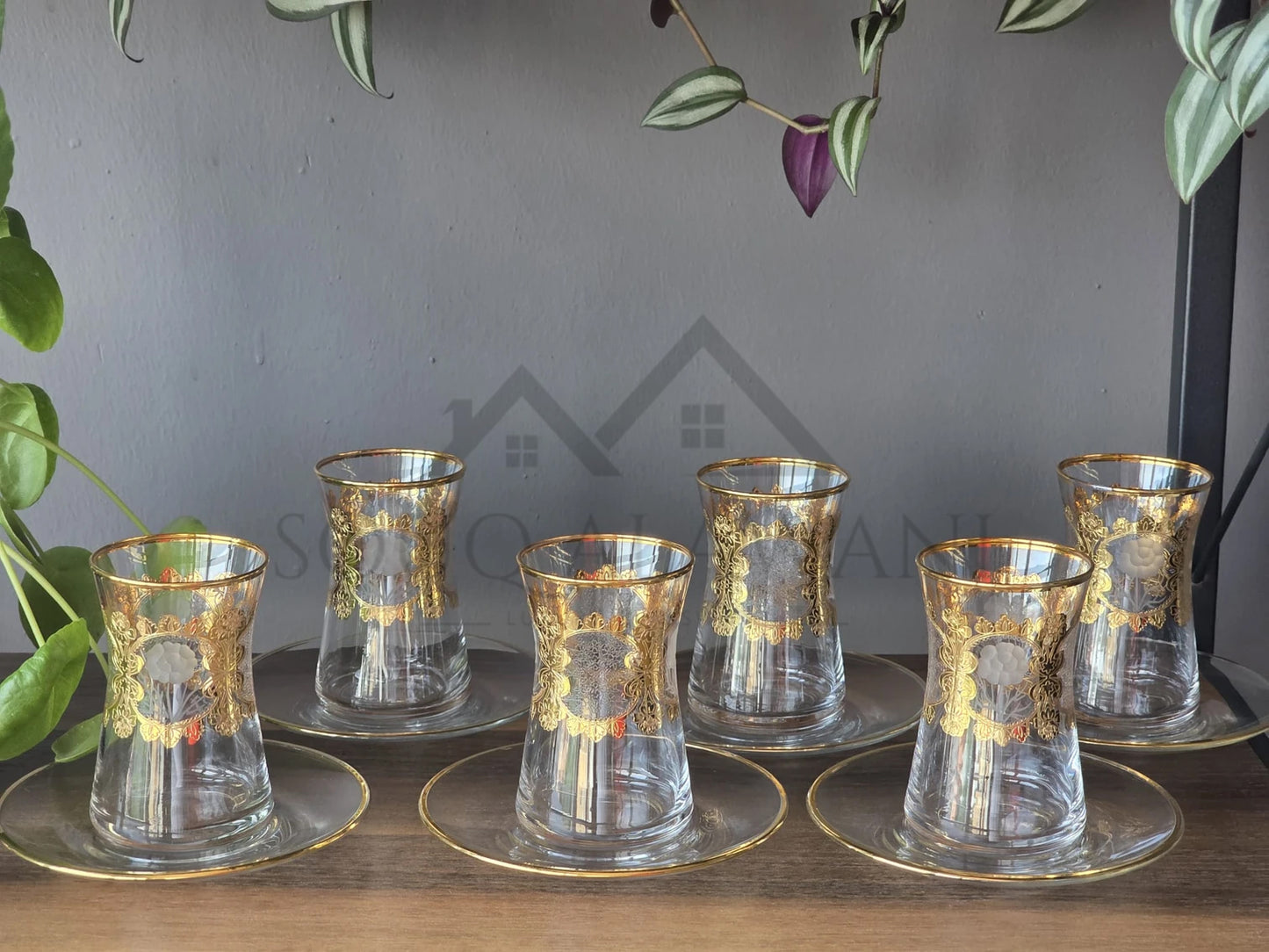 طقم شاي تركي 12 قطعة - زجاج كريستالي بزخارف ذهبية يدوية - SOUQ ALAWANI