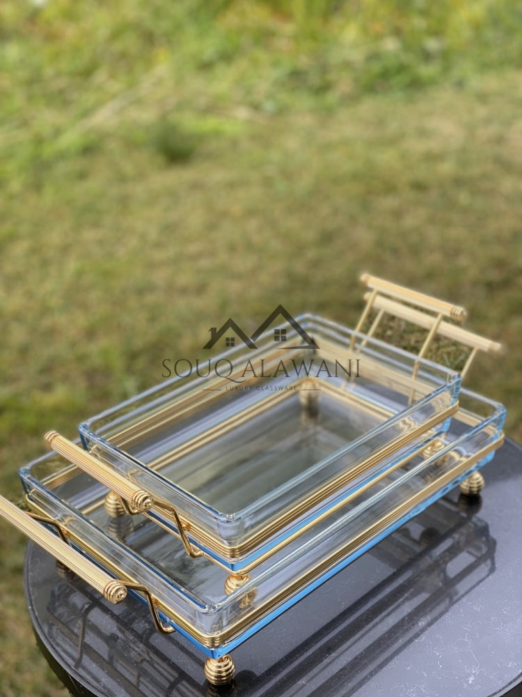 طقم طبق تقديم زجاجي مع ستاند نحاسي - SOUQ ALAWANI