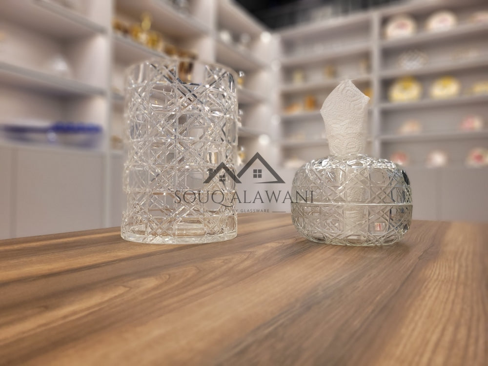 طقم علبة مناديل مع سلة لون شفاف - SOUQ ALAWANI