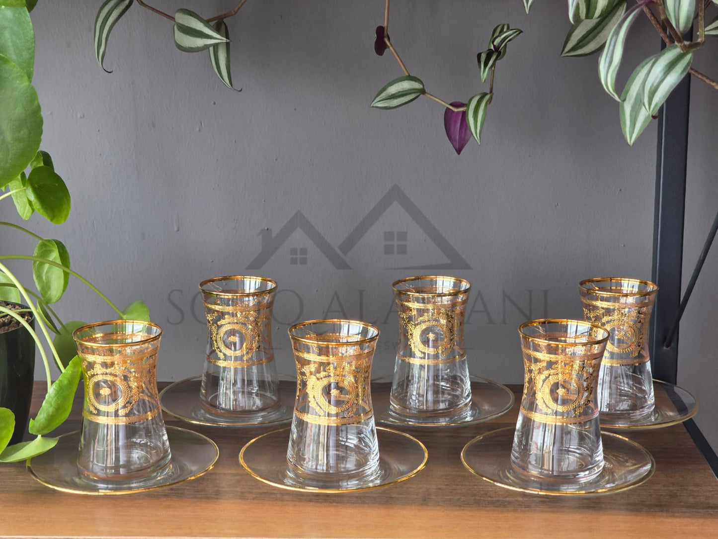 طقم شاي تركي 12 قطعة - زجاج كريستالي بزخارف ذهبية يدوية - SOUQ ALAWANI 