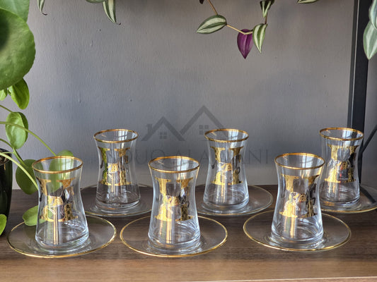 طقم شاي تركي 12 قطعة - زجاج كريستالي بزخارف ذهبية يدوية - SOUQ ALAWANI 