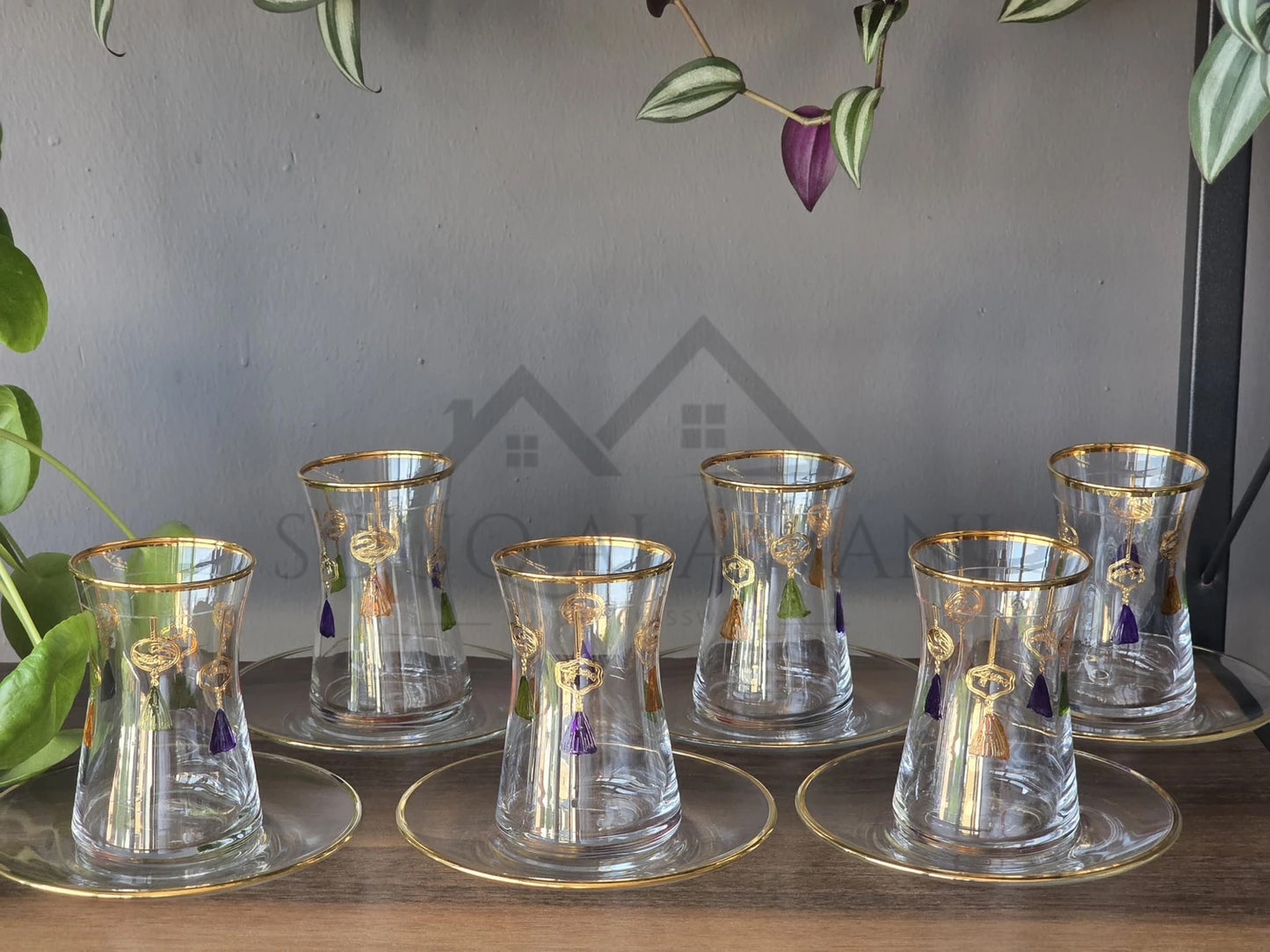 طقم شاي تركي 12 قطعة - زجاج كريستالي بزخارف ذهبية يدوية - SOUQ ALAWANI 