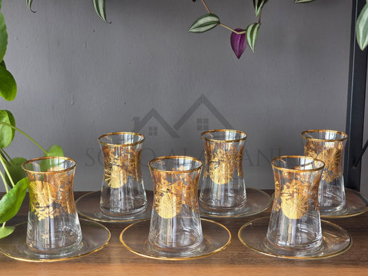 طقم شاي تركي 12 قطعة - زجاج كريستالي بزخارف ذهبية يدوية - SOUQ ALAWANI 